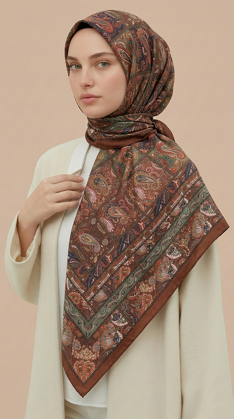 Karaca Eşarp ŞAL EŞARP MAVERA 120* 120 CM COTTON EŞARP - KİREMİT / YEŞİL