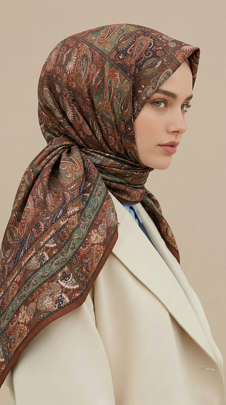 Karaca Eşarp ŞAL EŞARP MAVERA 120* 120 CM COTTON EŞARP - KİREMİT / YEŞİL