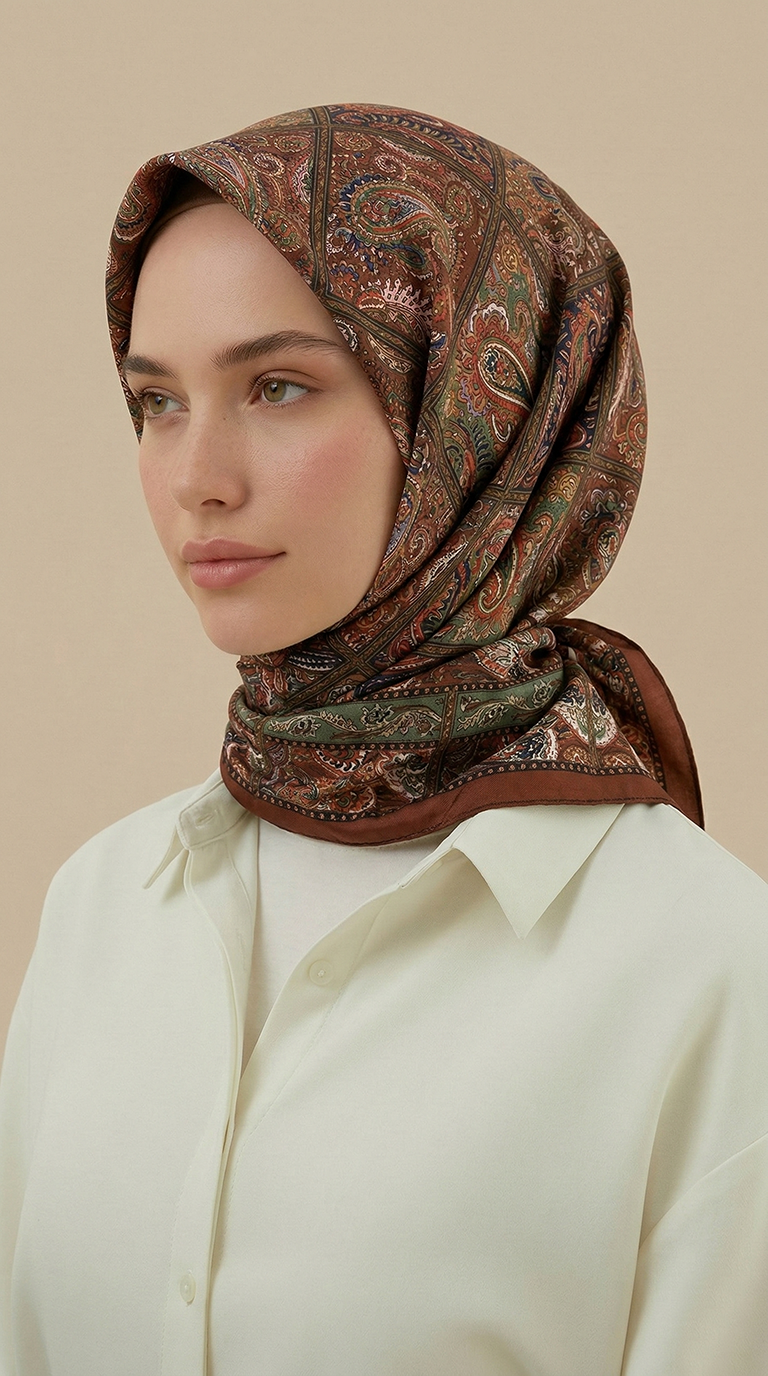 Karaca Eşarp ŞAL EŞARP MAVERA 120* 120 CM COTTON EŞARP - KİREMİT / YEŞİL