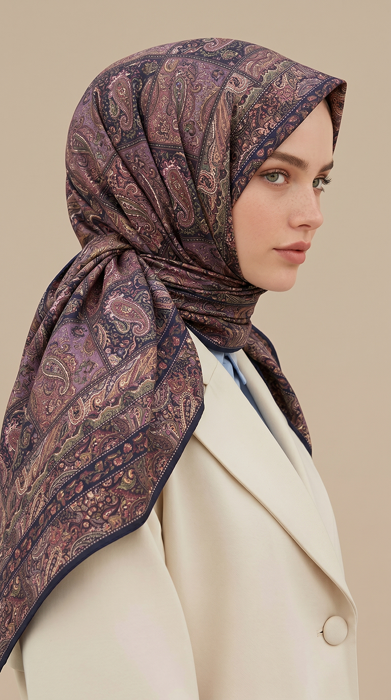Karaca Eşarp ŞAL EŞARP MAVERA 120* 120 CM COTTON EŞARP - LACİVERT / LİLA