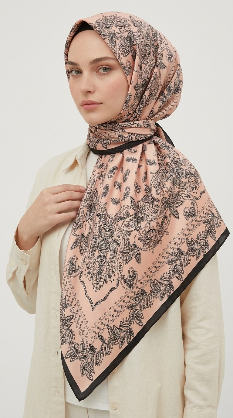 Karaca Eşarp ŞAL EŞARP MİHRA 120*120 CM İPEK ŞİFON EŞARP - SİYAH / PUDRA  