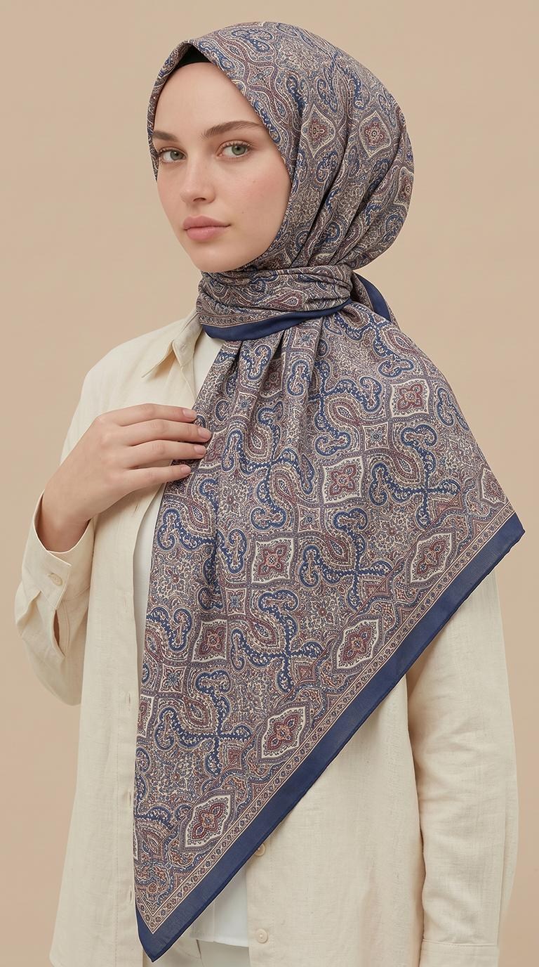 Karaca Eşarp ŞAL EŞARP MİREYA 120*120 CM COTTON ŞAL EŞARP - LACİVERT / KİREMİT