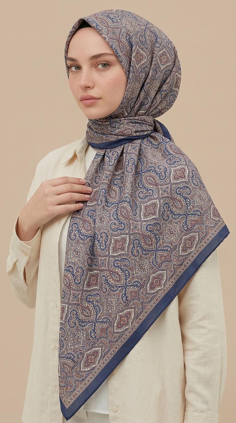 Karaca Eşarp ŞAL EŞARP MİREYA 120*120 CM COTTON ŞAL EŞARP - LACİVERT / KİREMİT