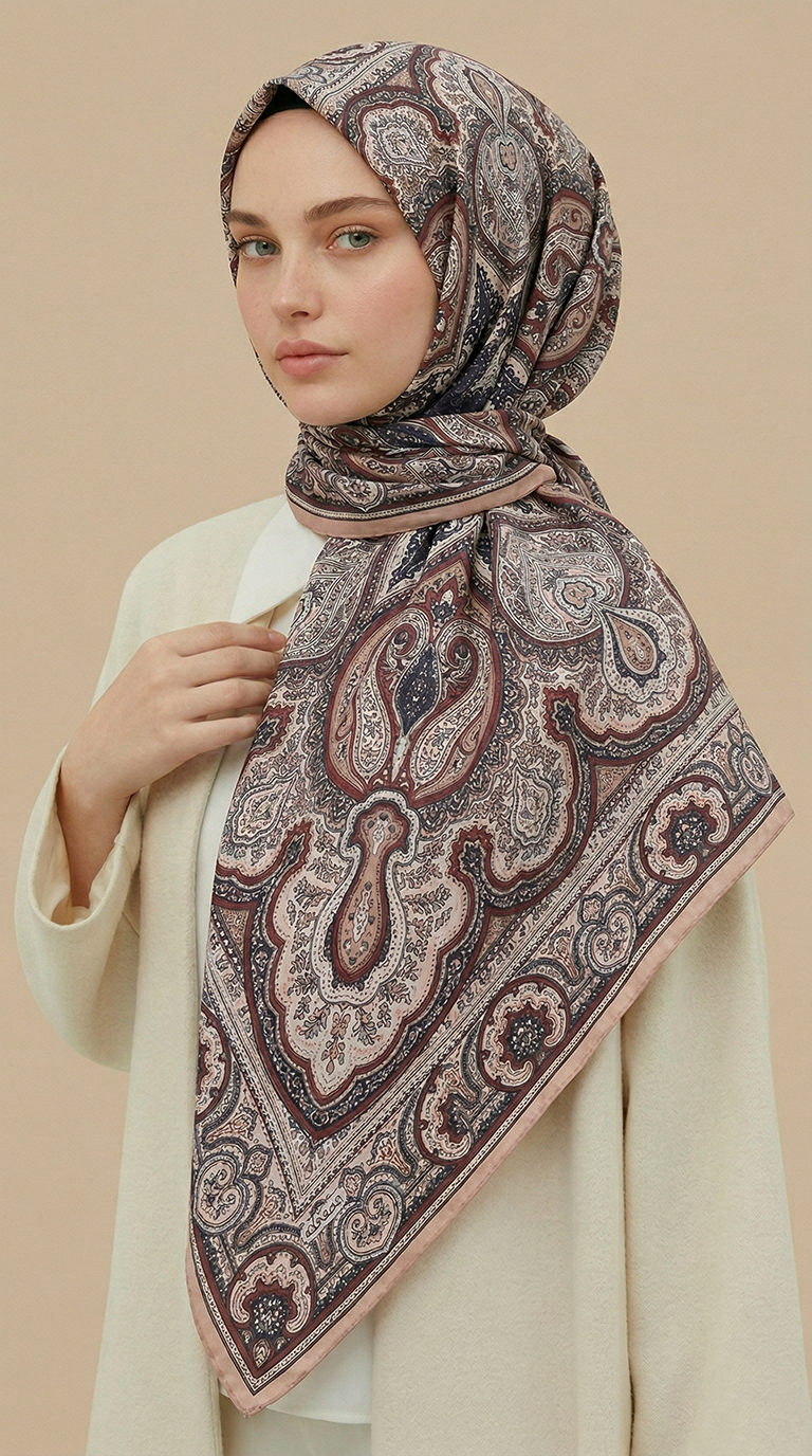 Karaca Eşarp ŞAL EŞARP NERİS DESENLİ 120*120 CM COTTON EŞARP - KAHVERENGİ / KREM