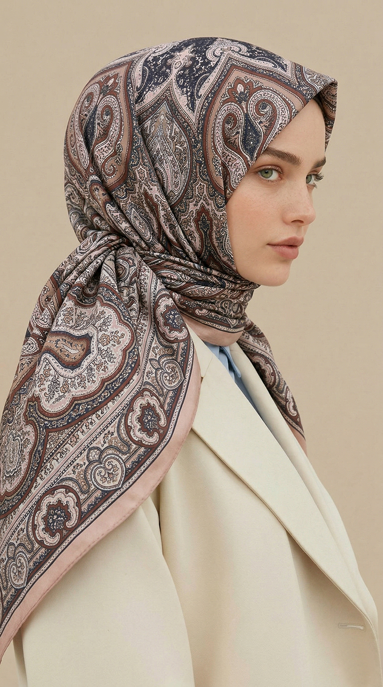 Karaca Eşarp ŞAL EŞARP NERİS DESENLİ 120*120 CM COTTON EŞARP - KAHVERENGİ / KREM