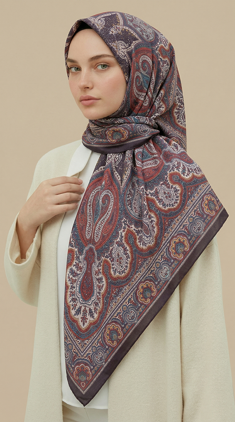 Karaca Eşarp ŞAL EŞARP NERİS DESENLİ 120*120 CM COTTON EŞARP - KAHVERENGİ / KIRMIZI