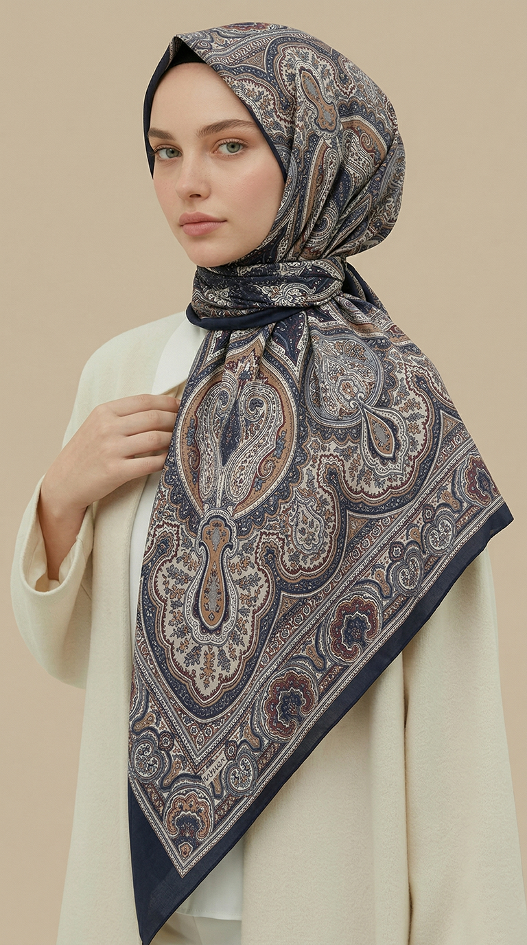 Karaca Eşarp ŞAL EŞARP NERİS DESENLİ 120*120 CM COTTON EŞARP - LACİVERT