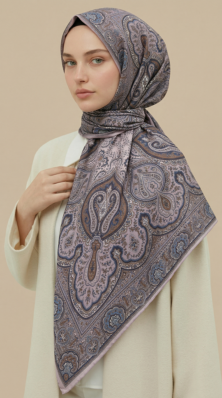 Karaca Eşarp ŞAL EŞARP NERİS DESENLİ 120*120 CM COTTON EŞARP -LACİVERT / BEJ
