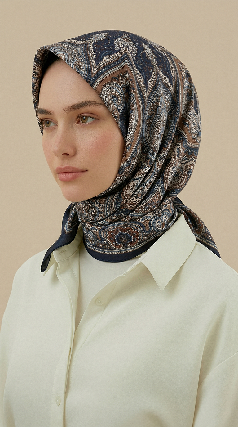 Karaca Eşarp ŞAL EŞARP NERİS DESENLİ 120*120 CM COTTON EŞARP - LACİVERT