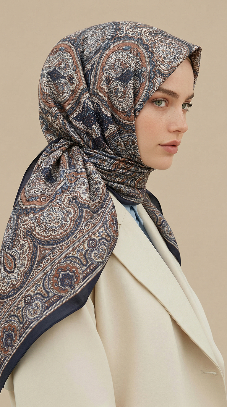 Karaca Eşarp ŞAL EŞARP NERİS DESENLİ 120*120 CM COTTON EŞARP - LACİVERT