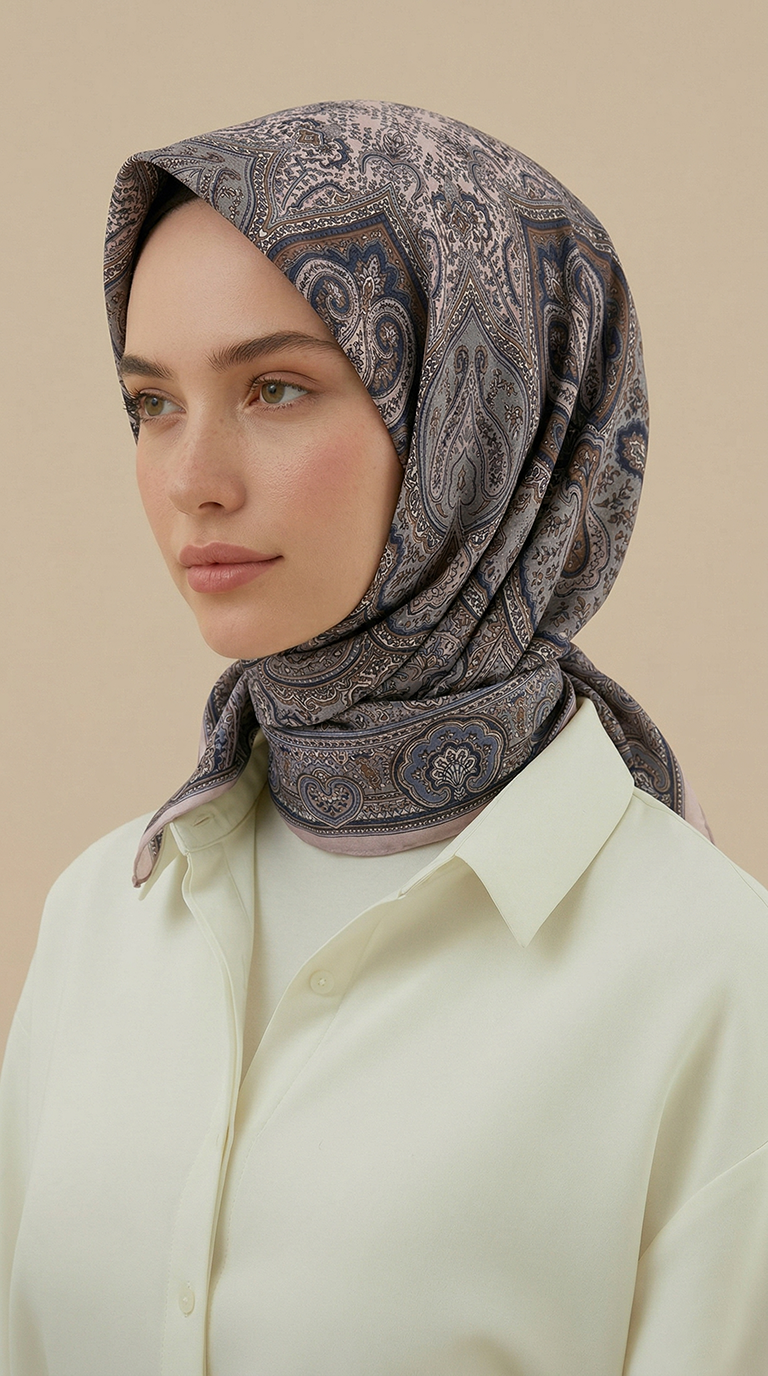 Karaca Eşarp ŞAL EŞARP NERİS DESENLİ 120*120 CM COTTON EŞARP -LACİVERT / BEJ