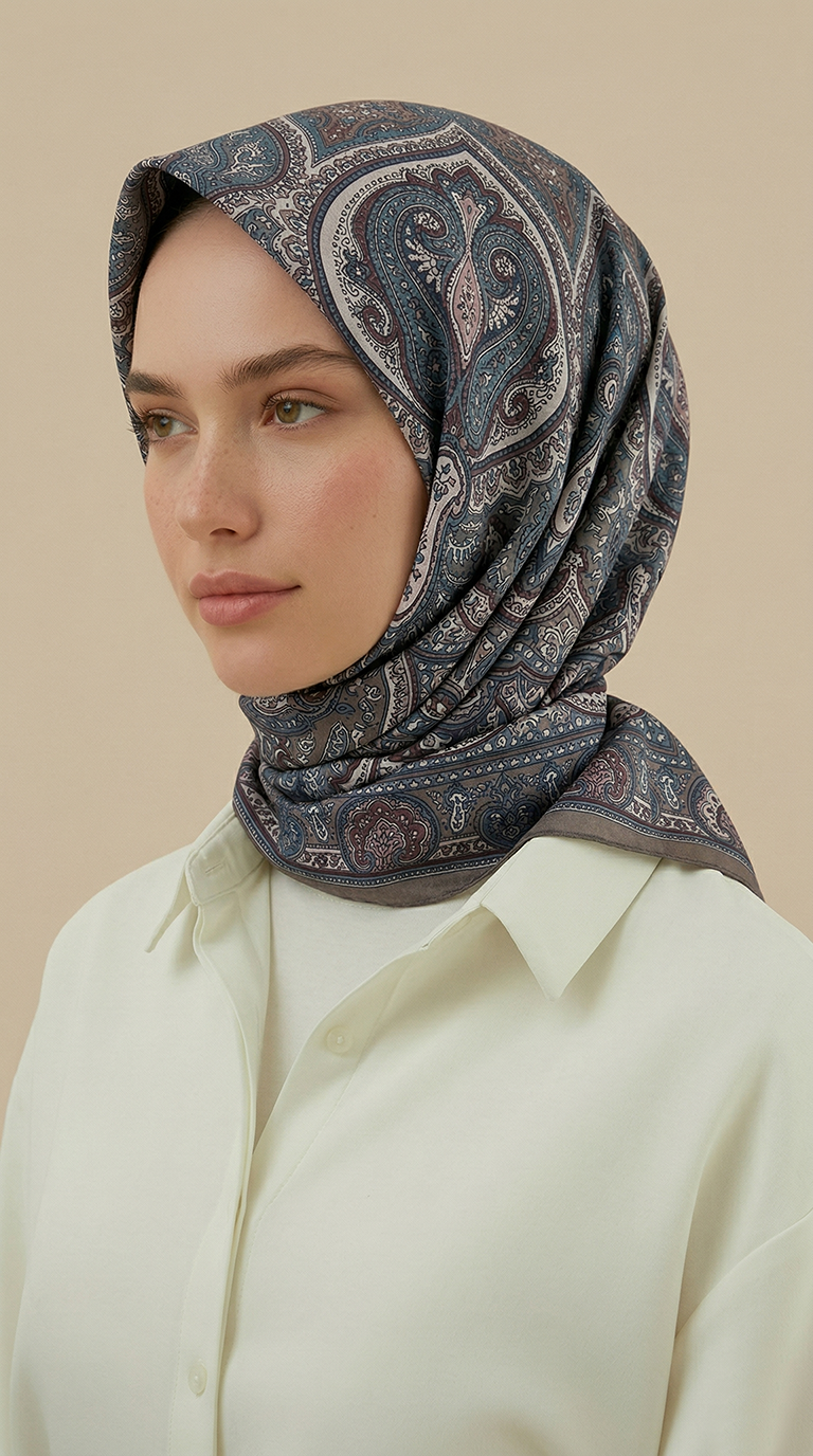 Karaca Eşarp ŞAL EŞARP NERİS DESENLİ 120*120 CM COTTON EŞARP -MAVİ / BEJ