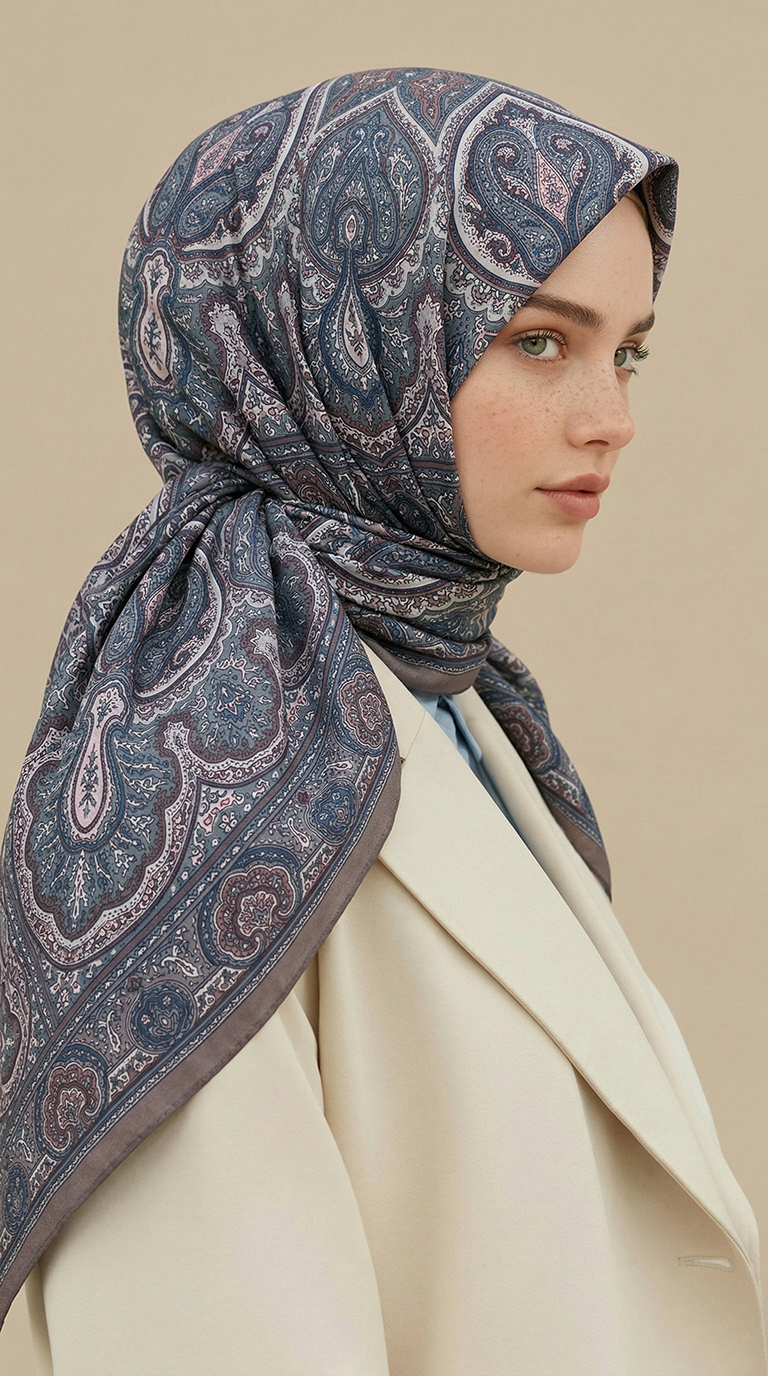Karaca Eşarp ŞAL EŞARP NERİS DESENLİ 120*120 CM COTTON EŞARP -MAVİ / BEJ
