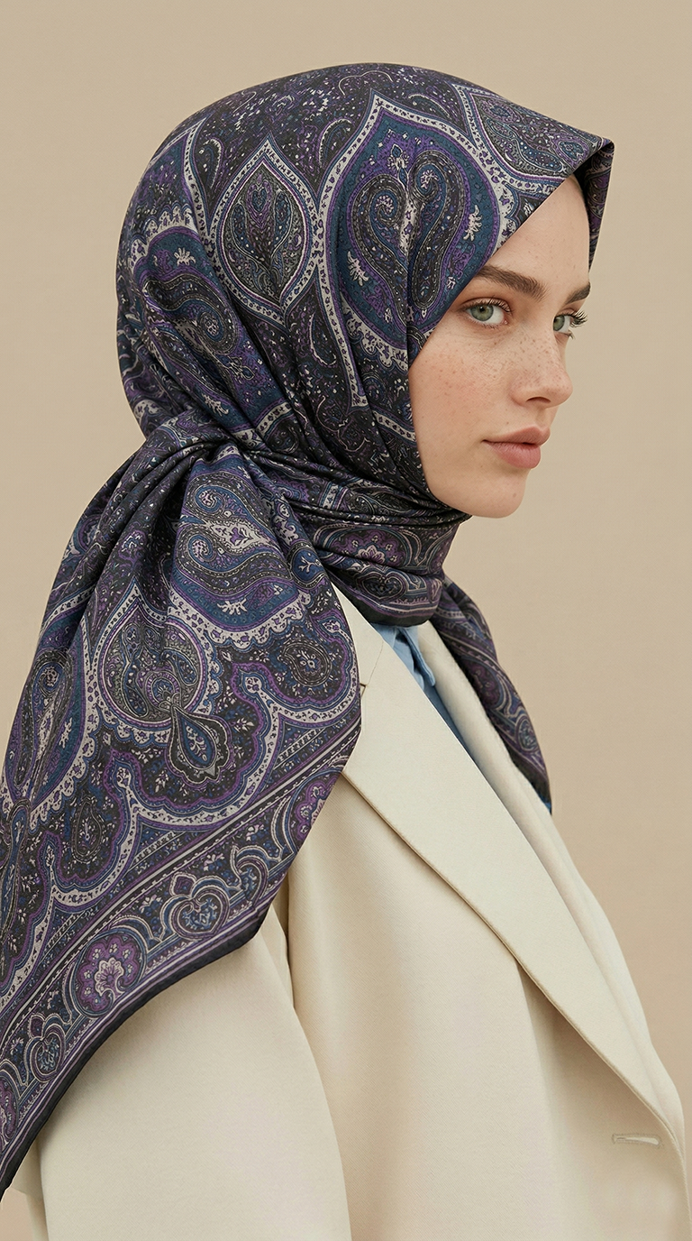 Karaca Eşarp ŞAL EŞARP NERİS DESENLİ 120*120 CM COTTON EŞARP - MOR / LACİVERT