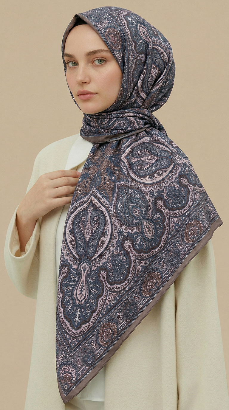 Karaca Eşarp ŞAL EŞARP NERİS DESENLİ 120*120 CM COTTON EŞARP -MAVİ / BEJ