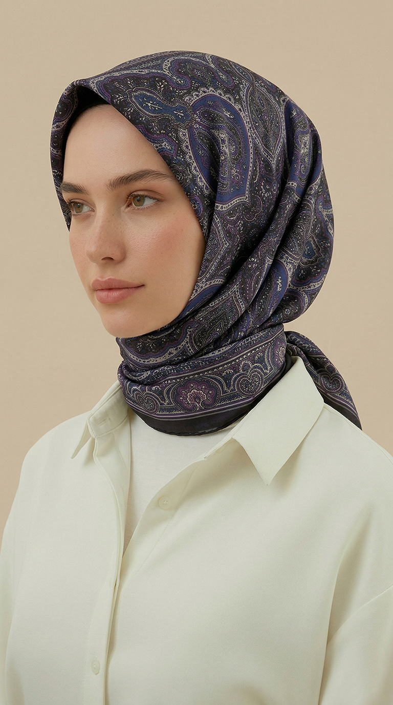 Karaca Eşarp ŞAL EŞARP NERİS DESENLİ 120*120 CM COTTON EŞARP - MOR / LACİVERT