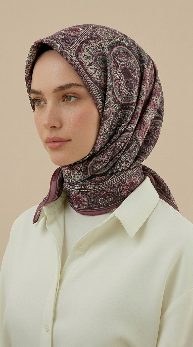 Karaca Eşarp ŞAL EŞARP NERİS DESENLİ 120*120 CM COTTON EŞARP -  PEMBE / HAKİ