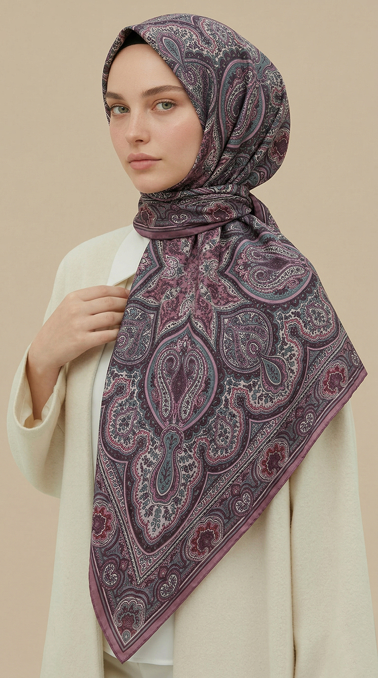 Karaca Eşarp ŞAL EŞARP NERİS DESENLİ 120*120 CM COTTON EŞARP -  PEMBE / HAKİ