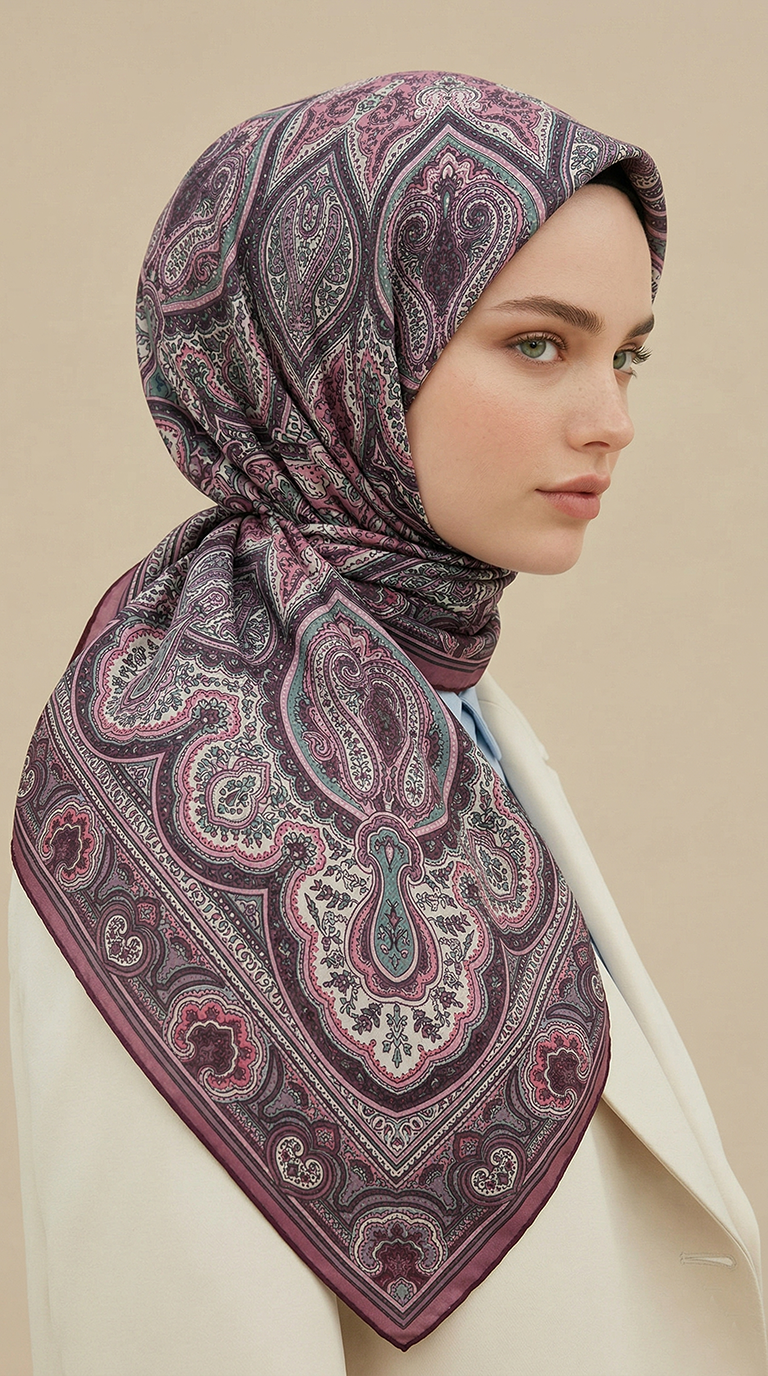 Karaca Eşarp ŞAL EŞARP NERİS DESENLİ 120*120 CM COTTON EŞARP -  PEMBE / HAKİ