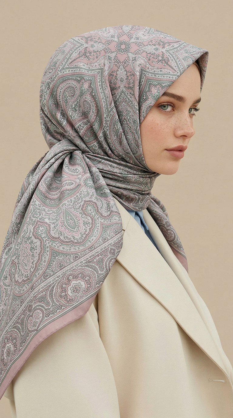 Karaca Eşarp ŞAL EŞARP NERİS DESENLİ 120*120 CM COTTON EŞARP - SU YEŞİLİ / PEMBE