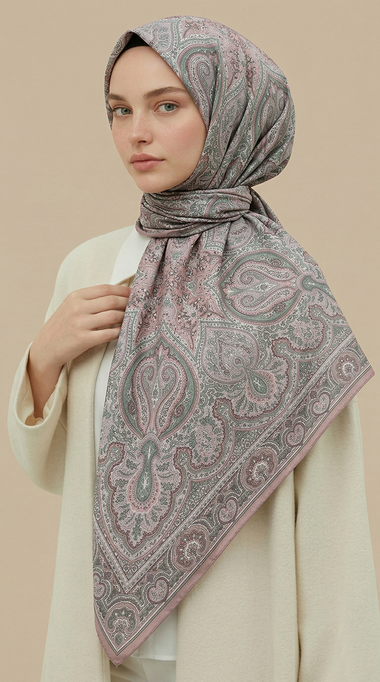 Karaca Eşarp ŞAL EŞARP NERİS DESENLİ 120*120 CM COTTON EŞARP - SU YEŞİLİ / PEMBE