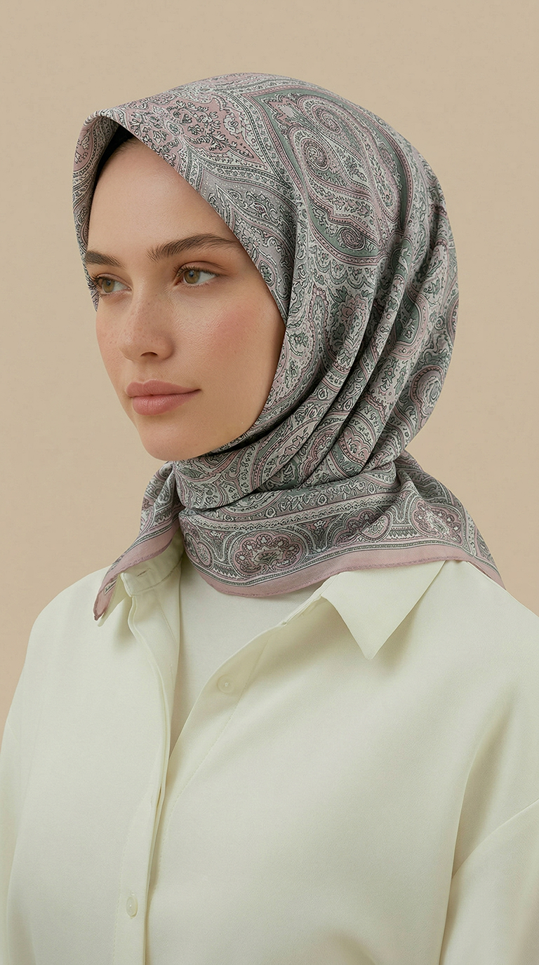 Karaca Eşarp ŞAL EŞARP NERİS DESENLİ 120*120 CM COTTON EŞARP - SU YEŞİLİ / PEMBE