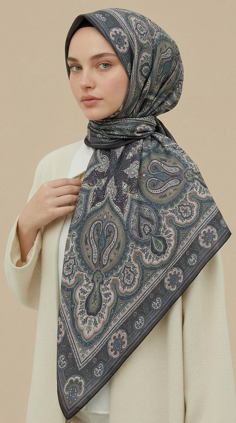 Karaca Eşarp ŞAL EŞARP NERİS DESENLİ 120*120 CM COTTON EŞARP -YEŞİL / HAKİ 
