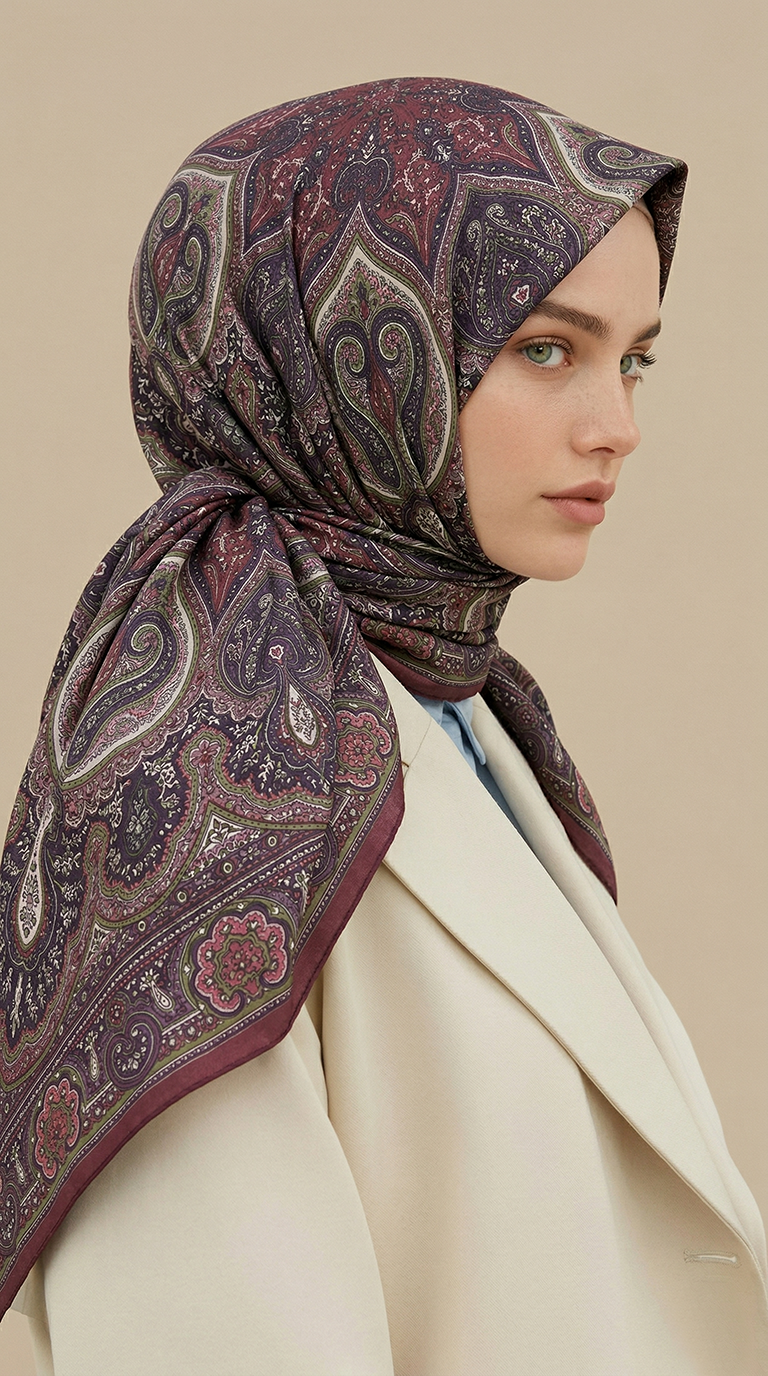 Karaca Eşarp ŞAL EŞARP NERİS DESENLİ 120*120 CM COTTON EŞARP - YEŞİL / BORDO