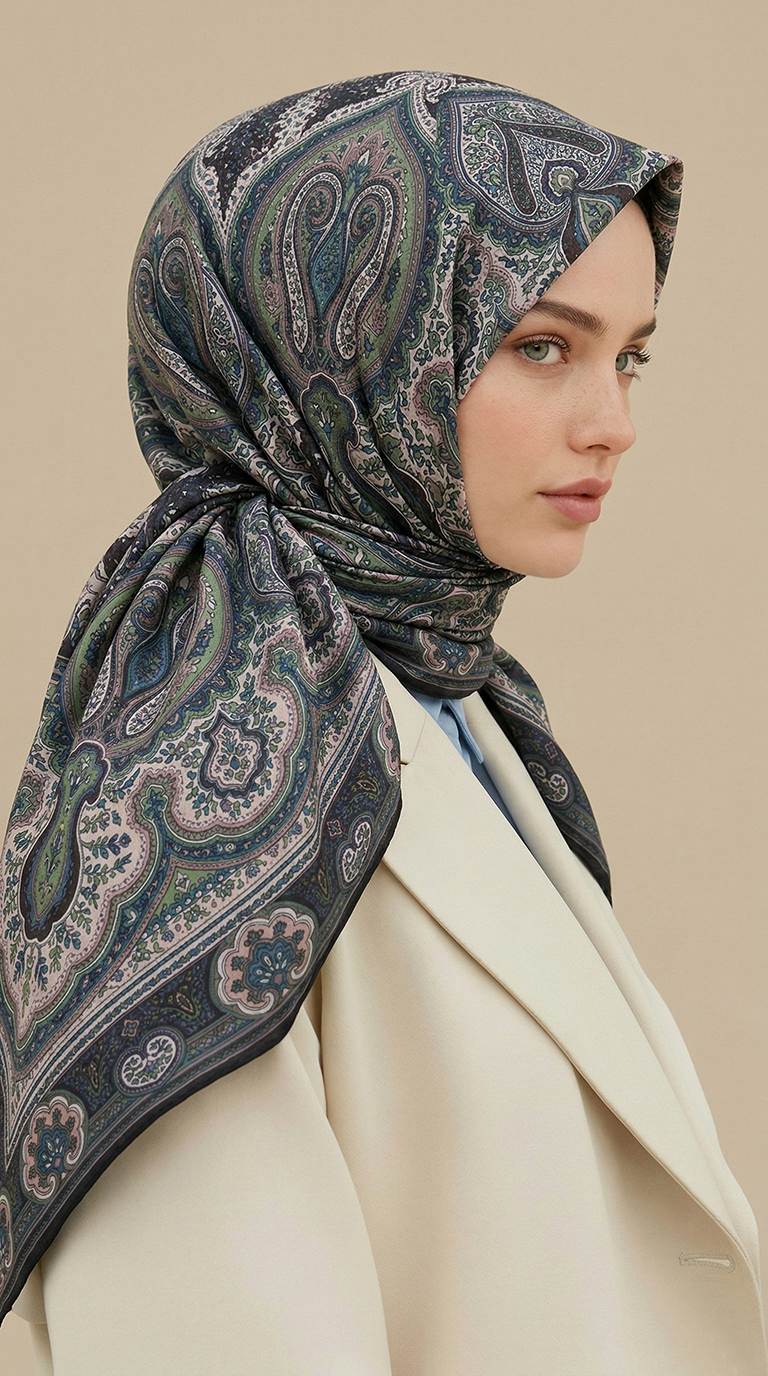 Karaca Eşarp ŞAL EŞARP NERİS DESENLİ 120*120 CM COTTON EŞARP -YEŞİL / HAKİ 