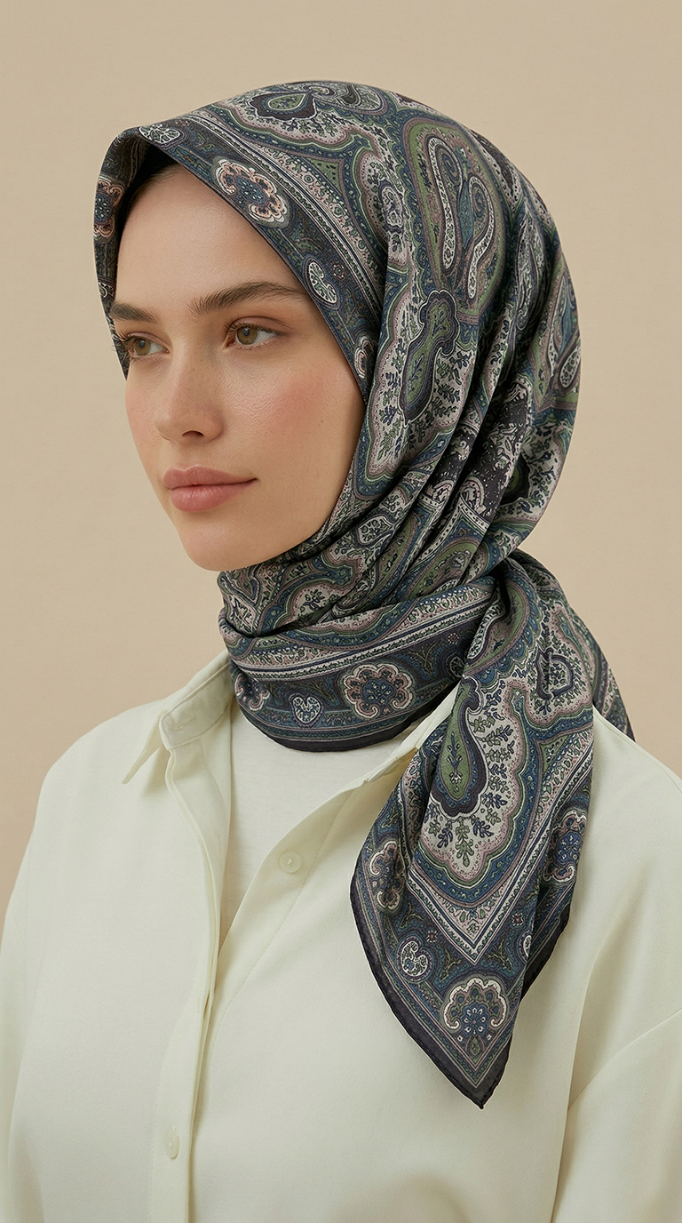 Karaca Eşarp ŞAL EŞARP NERİS DESENLİ 120*120 CM COTTON EŞARP -YEŞİL / HAKİ 