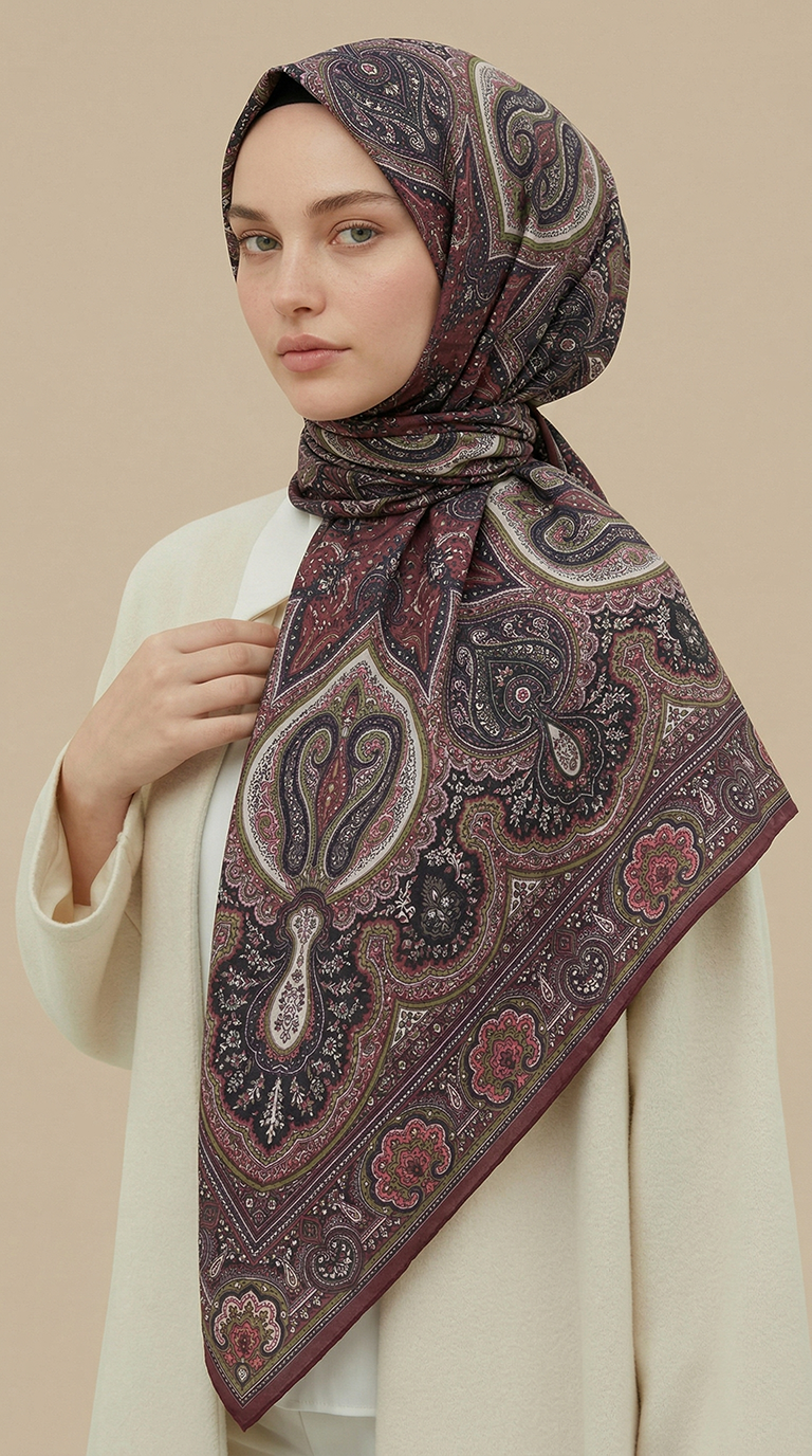 Karaca Eşarp ŞAL EŞARP NERİS DESENLİ 120*120 CM COTTON EŞARP - YEŞİL / BORDO