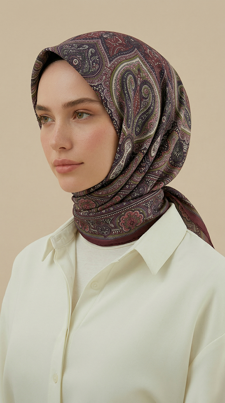 Karaca Eşarp ŞAL EŞARP NERİS DESENLİ 120*120 CM COTTON EŞARP - YEŞİL / BORDO