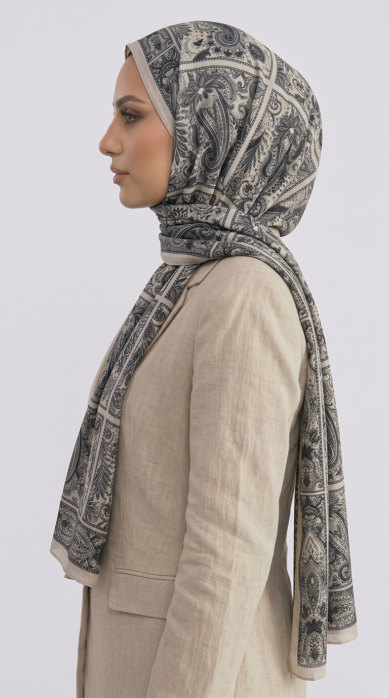 Karaca EşarpCOTTON ŞAL PAİSLEY DESENLİ COTTON ŞAL - KREM / SİYAH 