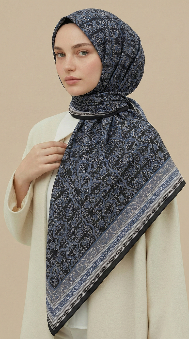 Karaca Eşarp ŞAL EŞARP PETRA 120 * 120 CM COTTON ŞAL EŞARP - LACİVERT / SİYAH