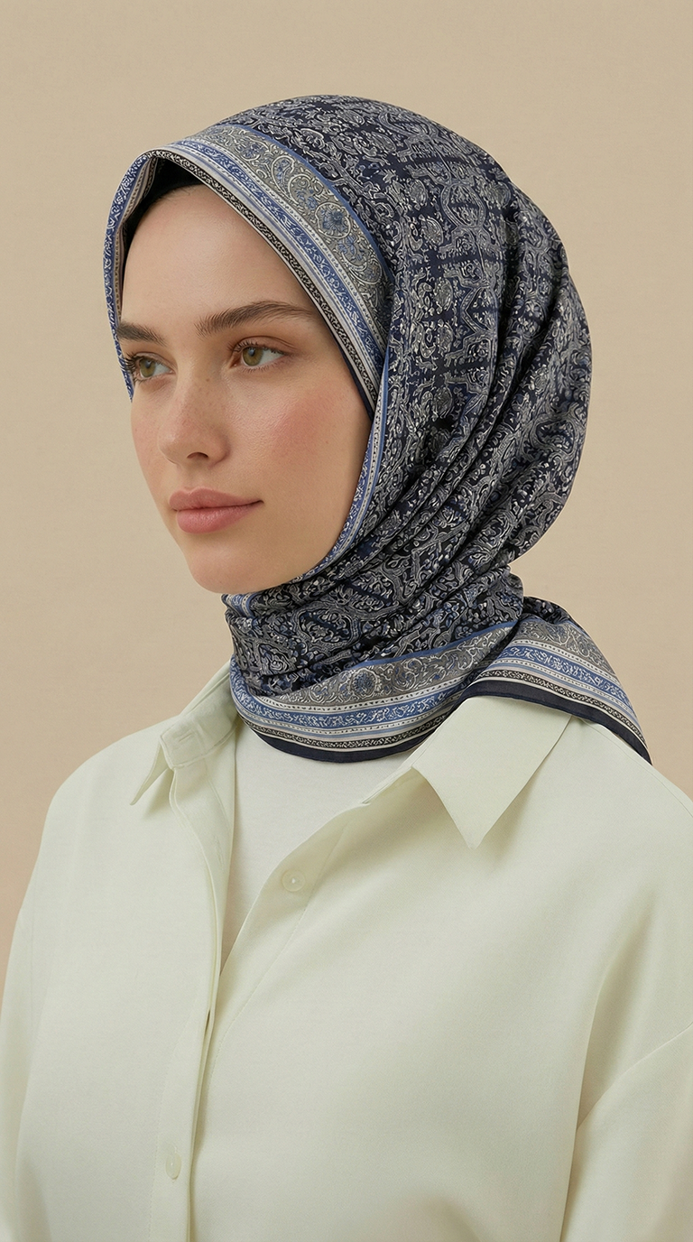 Karaca Eşarp ŞAL EŞARP PETRA 120 * 120 CM COTTON ŞAL EŞARP - LACİVERT / SİYAH