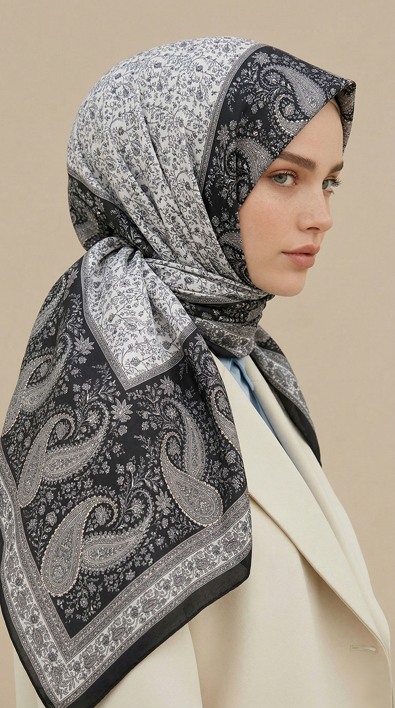 Karaca Eşarp ŞAL EŞARP RAVENA DESENLİ 120*120 CM İPEK ŞİFON EŞARP - SİYAH / BEYAZ