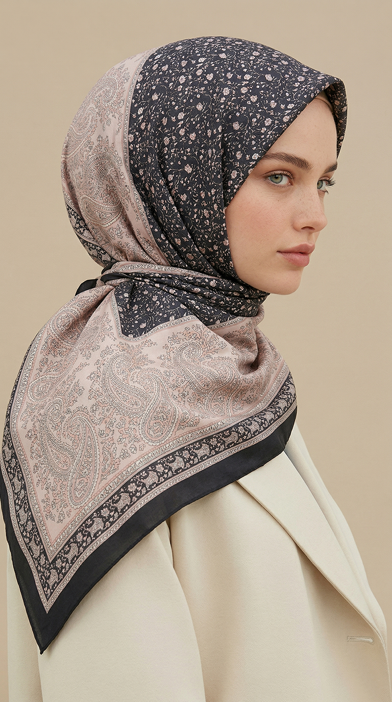 Karaca Eşarp ŞAL EŞARP RAVENA DESENLİ 120*120 CM İPEK ŞİFON EŞARP -  PUDRA / SİYAH