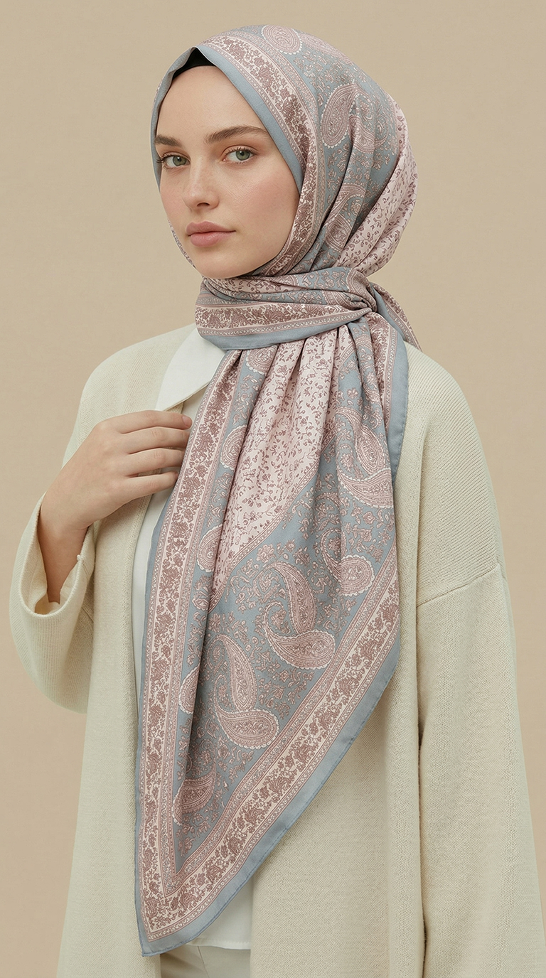 Karaca Eşarp ŞAL EŞARP RAVENA DESENLİ 120*120 CM İPEK ŞİFON EŞARP -  KREM / BEBE MAVİSİ