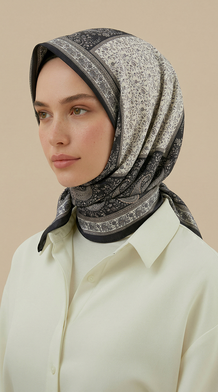Karaca Eşarp ŞAL EŞARP RAVENA DESENLİ 120*120 CM İPEK ŞİFON EŞARP - SİYAH / BEYAZ