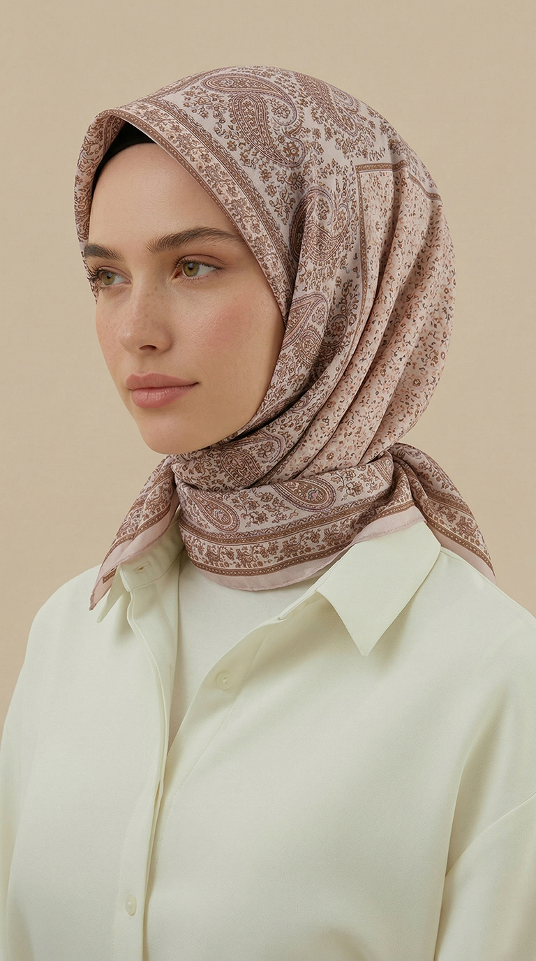 Karaca Eşarp ŞAL EŞARP RAVENA DESENLİ 120*120 CM İPEK ŞİFON EŞARP - SOMON / KREM