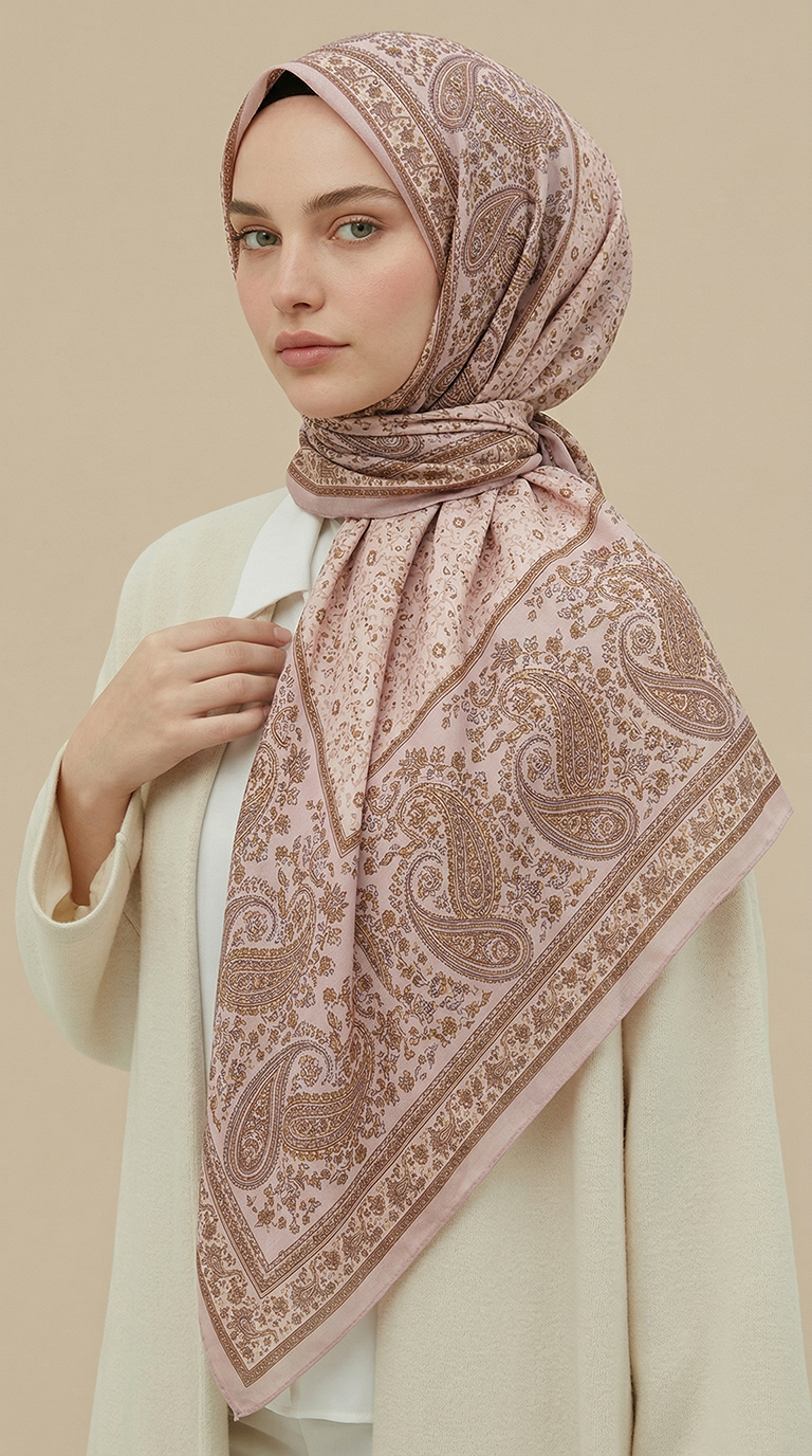 Karaca Eşarp ŞAL EŞARP RAVENA DESENLİ 120*120 CM İPEK ŞİFON EŞARP - SOMON / KREM