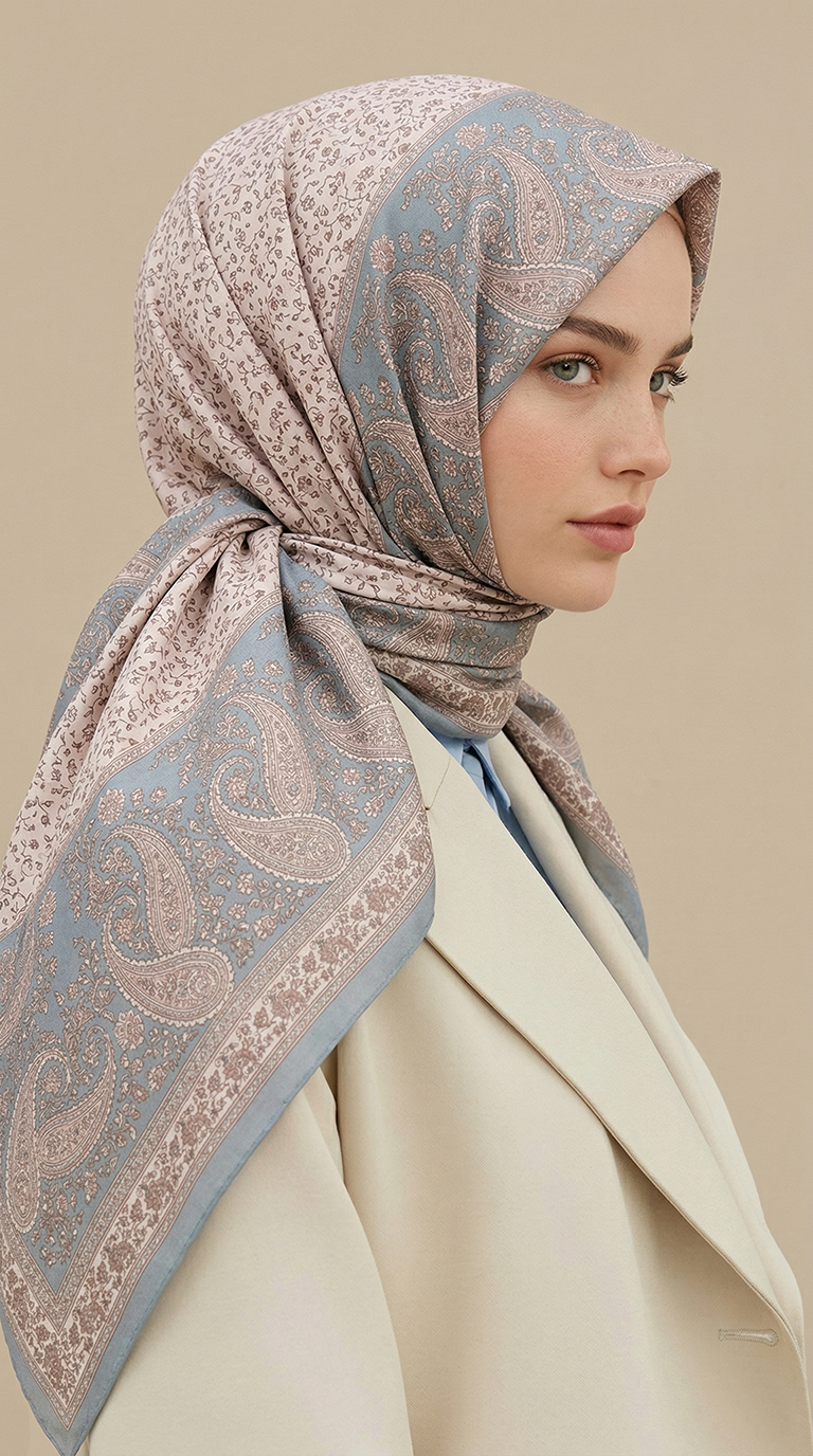 Karaca Eşarp ŞAL EŞARP RAVENA DESENLİ 120*120 CM İPEK ŞİFON EŞARP -  KREM / BEBE MAVİSİ