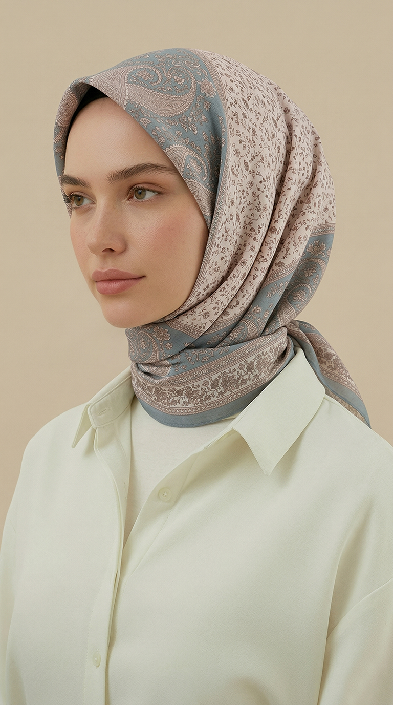 Karaca Eşarp ŞAL EŞARP RAVENA DESENLİ 120*120 CM İPEK ŞİFON EŞARP -  KREM / BEBE MAVİSİ
