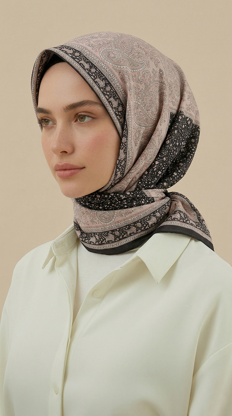 Karaca Eşarp ŞAL EŞARP RAVENA DESENLİ 120*120 CM İPEK ŞİFON EŞARP -  PUDRA / SİYAH