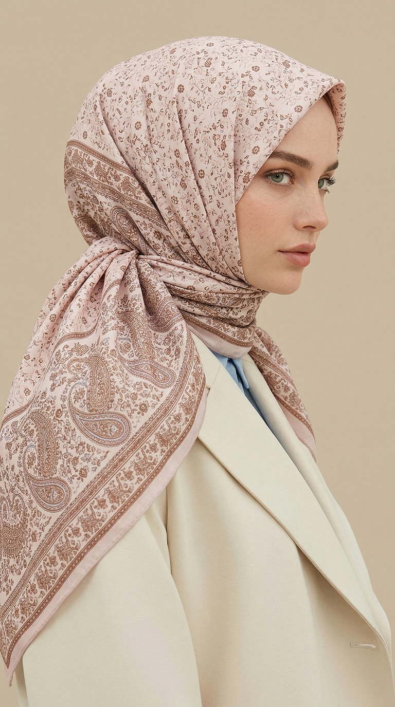 Karaca Eşarp ŞAL EŞARP RAVENA DESENLİ 120*120 CM İPEK ŞİFON EŞARP - SOMON / KREM