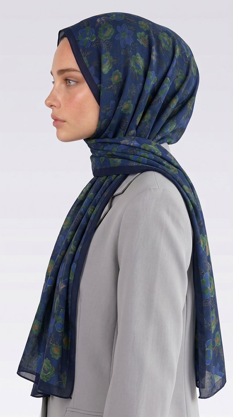 Karaca EşarpCOTTON ŞAL VELORA DESENLİ COTTON ŞAL -  LACİVERT / YEŞİL 