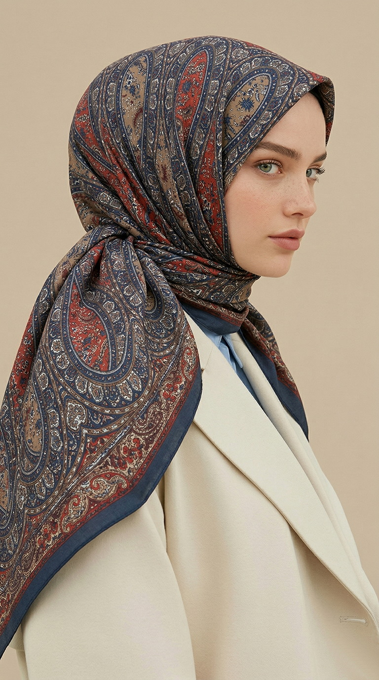 Karaca Eşarp ŞAL EŞARP VİRELLA 120*120 CM COTTON ŞAL EŞARP - İNDİGO / TURUNCU 