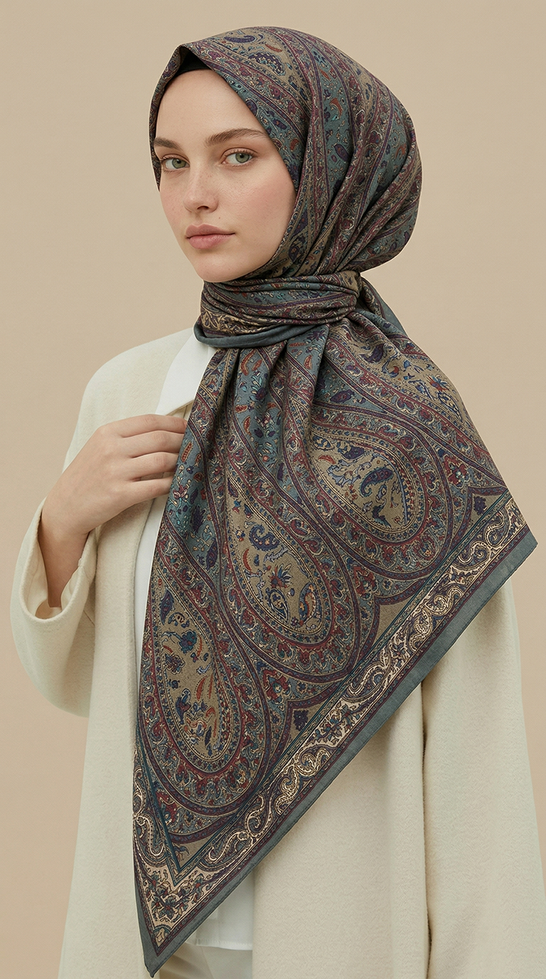 Karaca Eşarp ŞAL EŞARP VİRELLA 120*120 CM COTTON ŞAL EŞARP - KİREMİT / YEŞİL