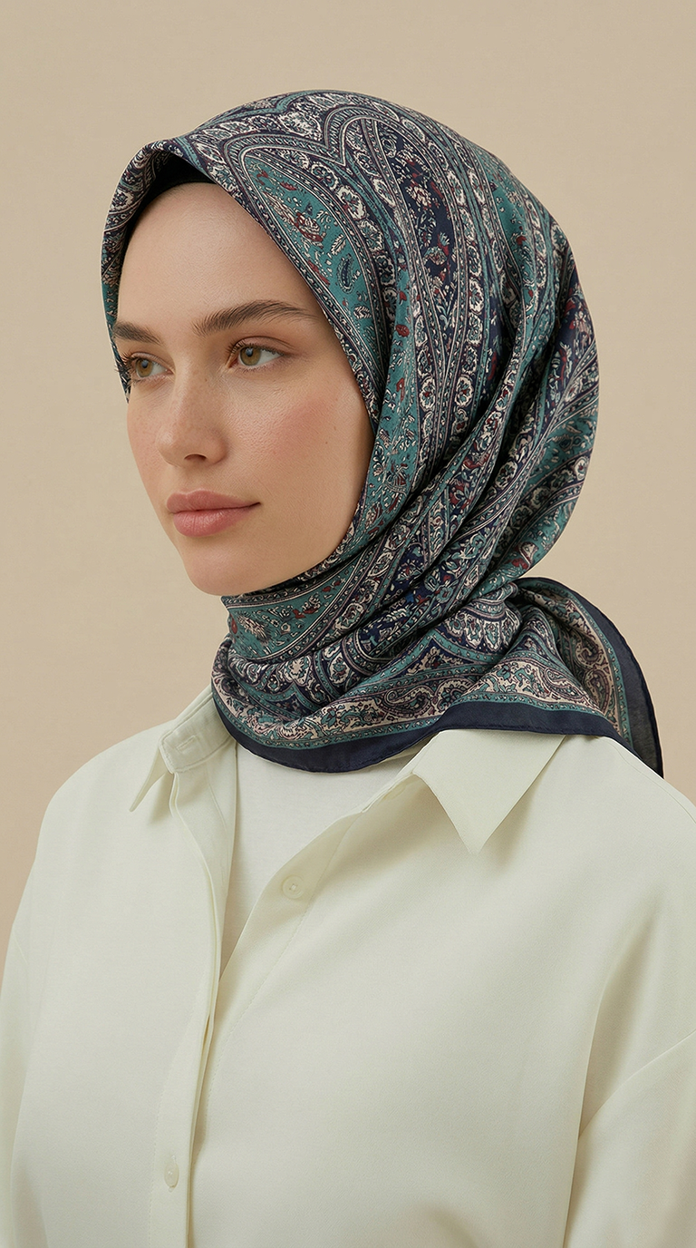 Karaca Eşarp ŞAL EŞARP VİRELLA 120*120 CM COTTON ŞAL EŞARP -  KREM / TURKUAZ
