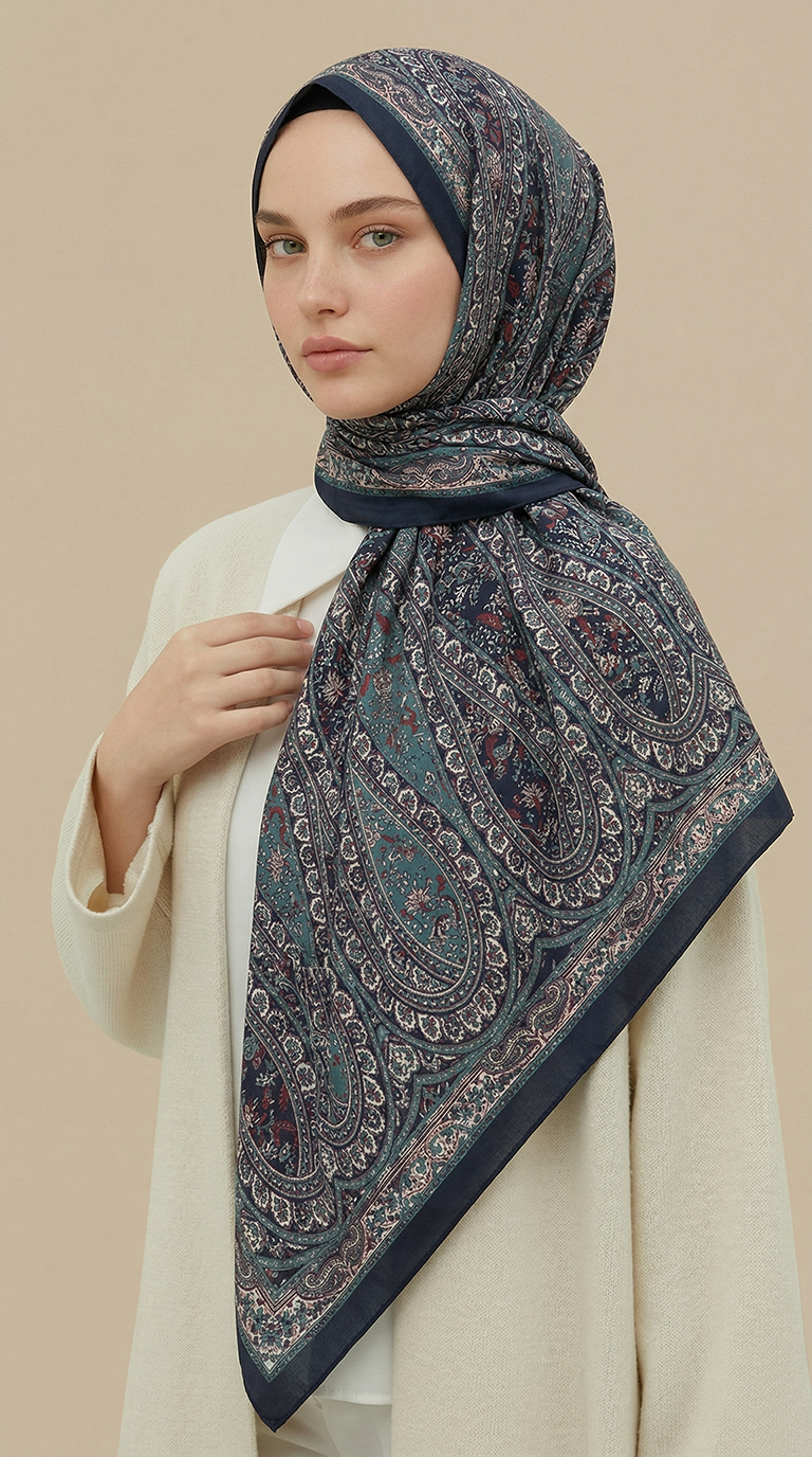 Karaca Eşarp ŞAL EŞARP VİRELLA 120*120 CM COTTON ŞAL EŞARP -  KREM / TURKUAZ